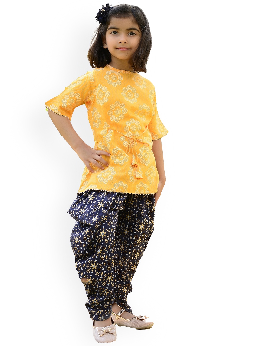 

BAESD Girls Ethnic Motifs Printed Thread Work Kurta With Dhoti Pants, Yellow