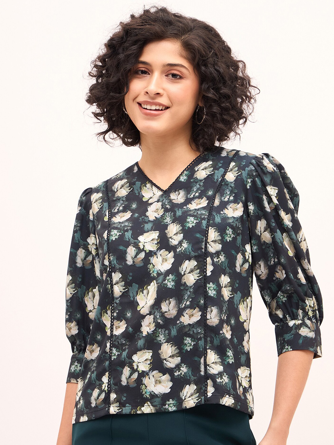 

SALT ATTIRE Floral Printed Puff Sleeve Top, Green