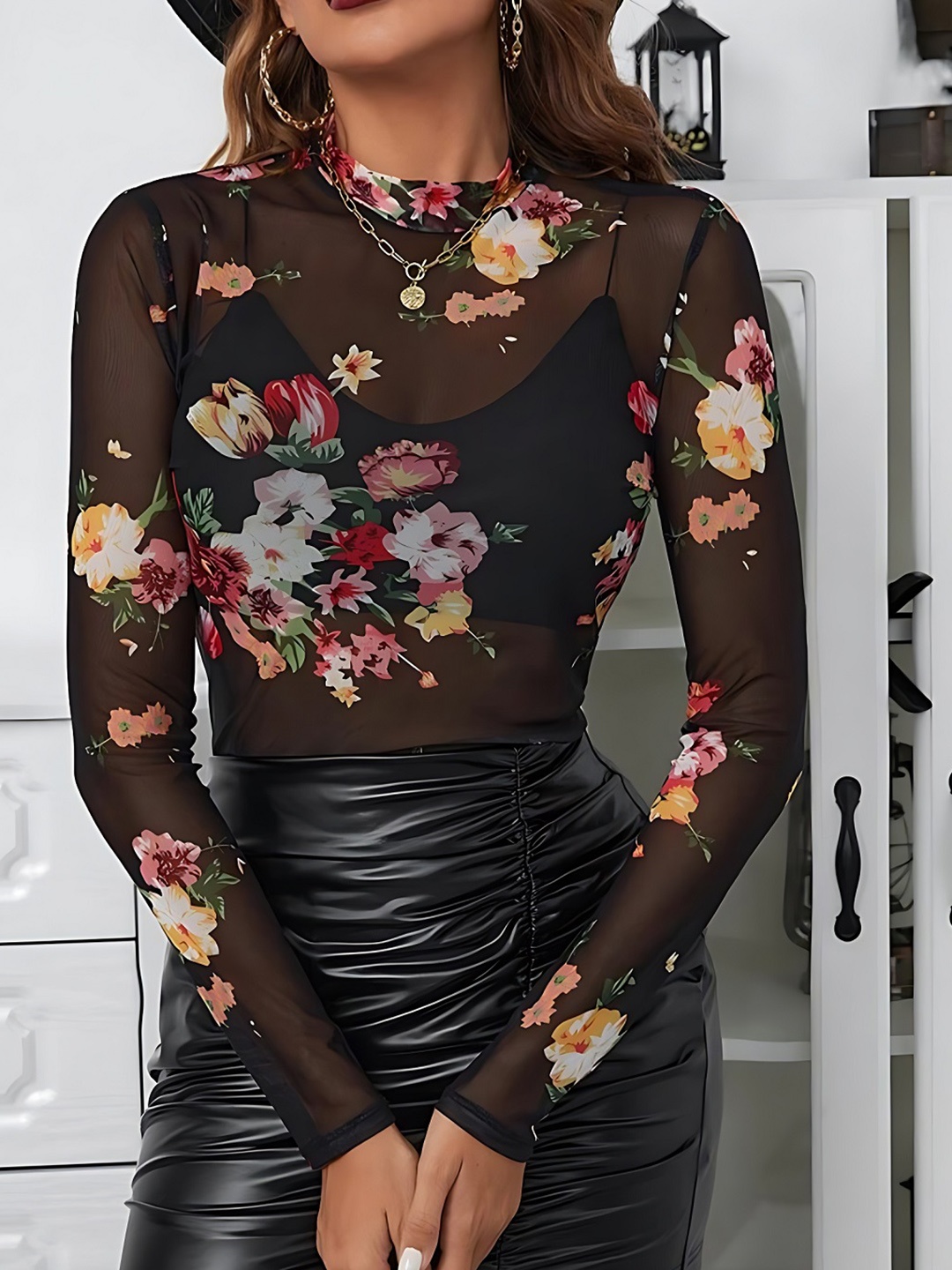 

KALINI Floral Printed High Neck Long Sleeves Top, Black