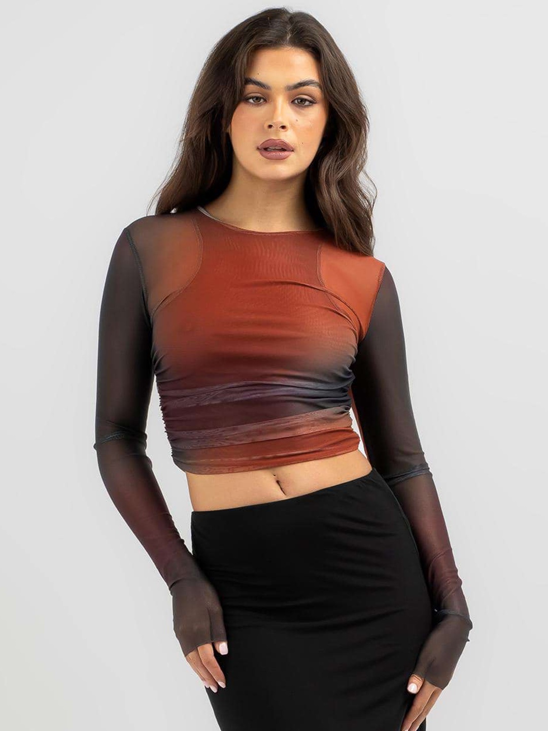

KALINI Abstract Printed Fitted Top, Brown