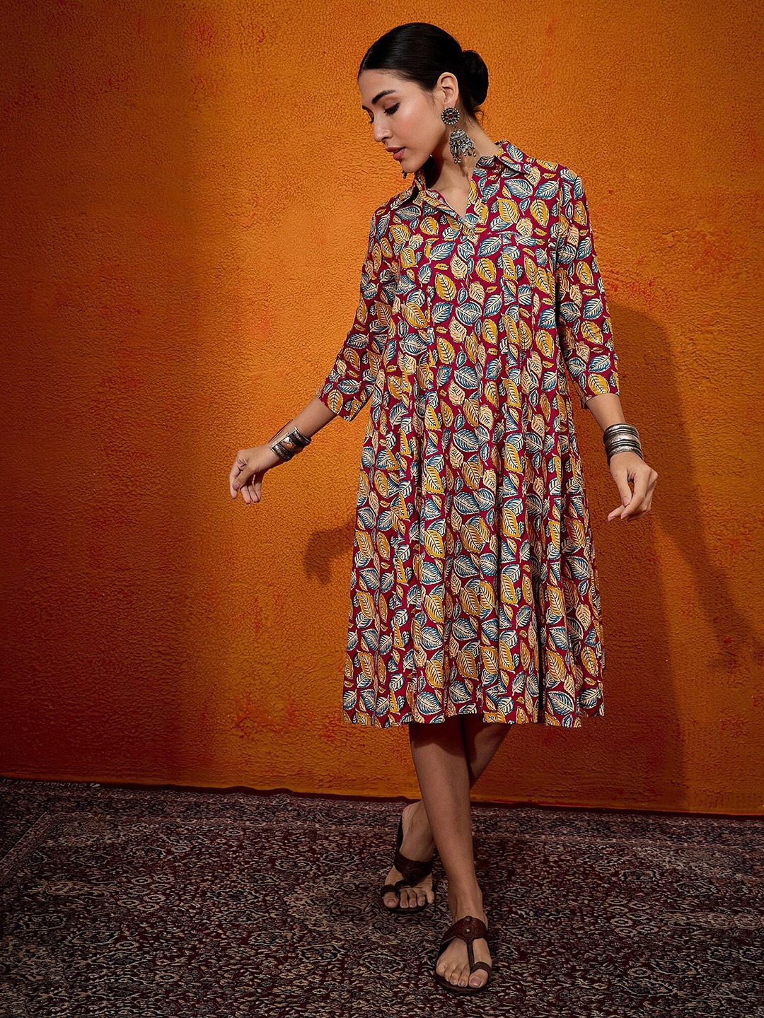 

InWeave Floral Printed Cotton A-Line Dress, Maroon