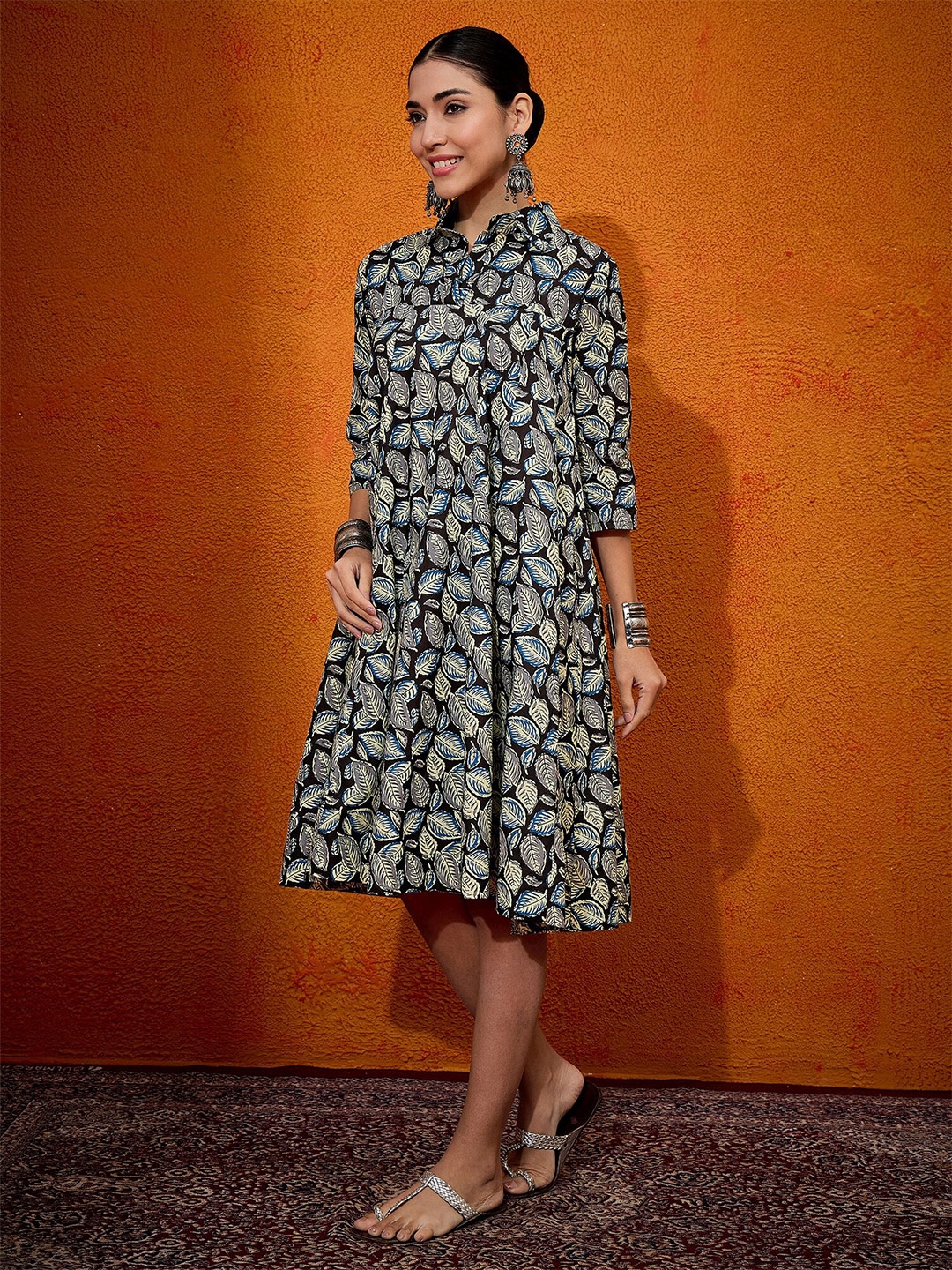 

InWeave Floral Printed Cotton A-Line Dress, Black