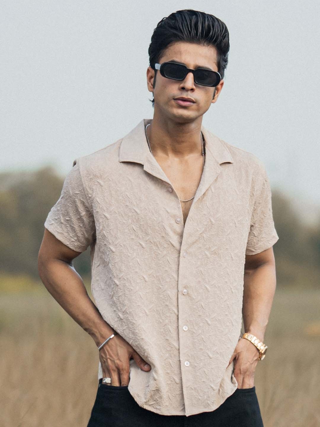 

Powerlook Self Design Casual Shirt, Beige
