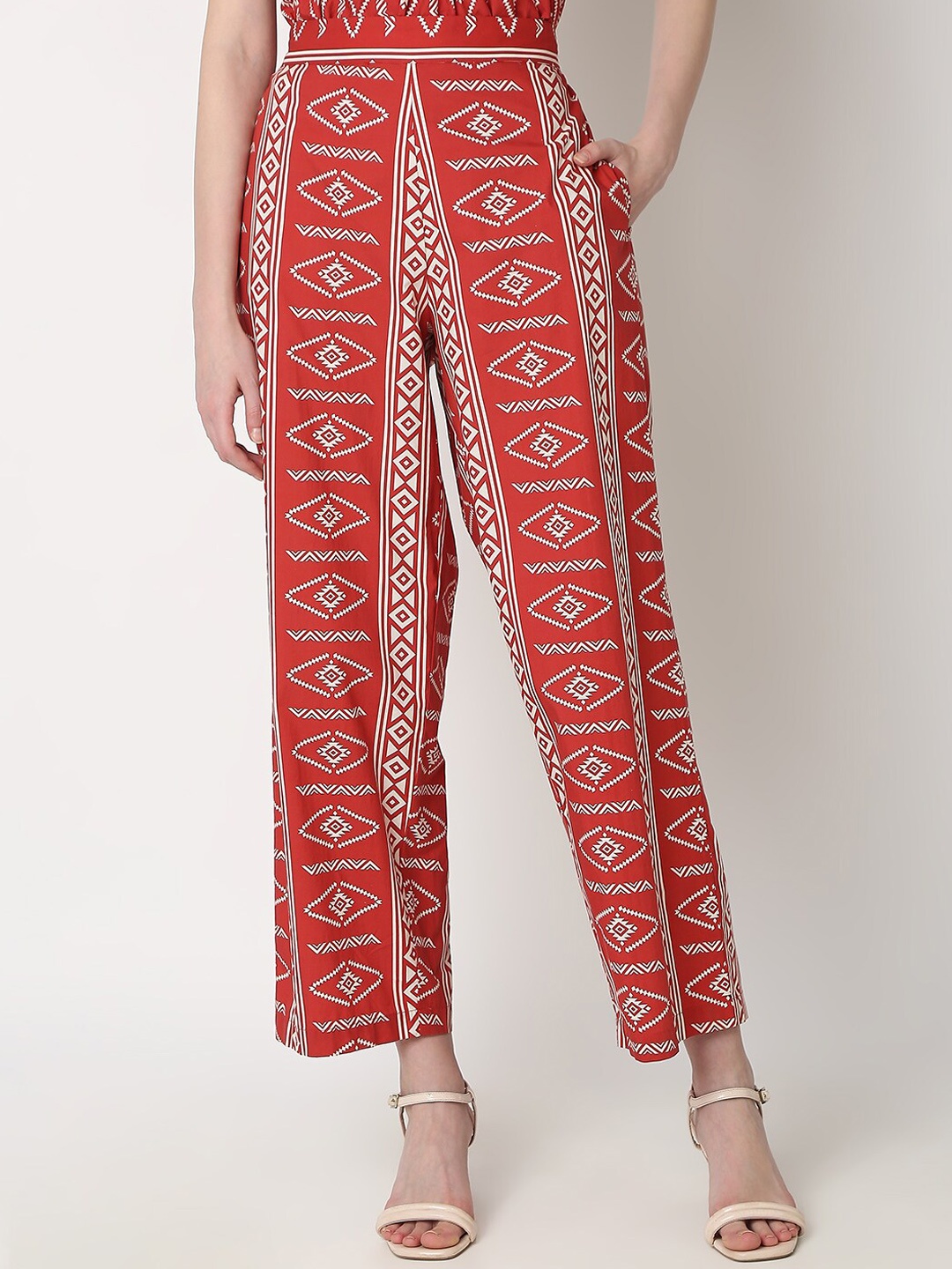 

Vero Moda Women Ethnic Motifs Printed Straight Fit Pure Cotton High-Rise Culottes Trousers, Red