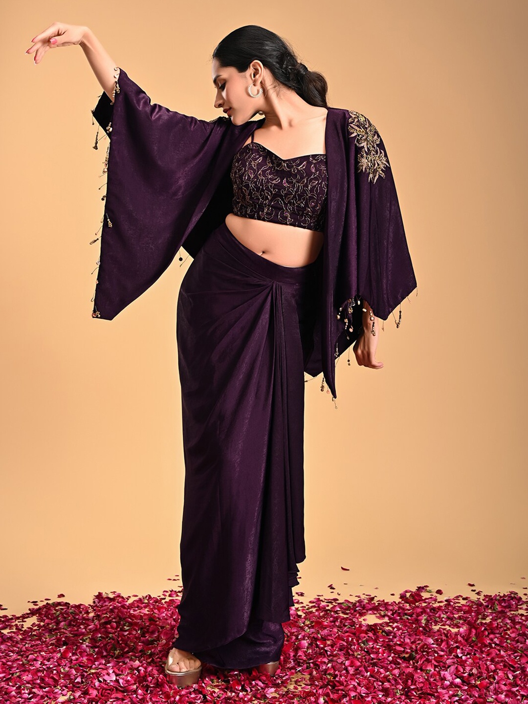 

RIRASA Embroidered Top With Shrug & Skirt, Purple
