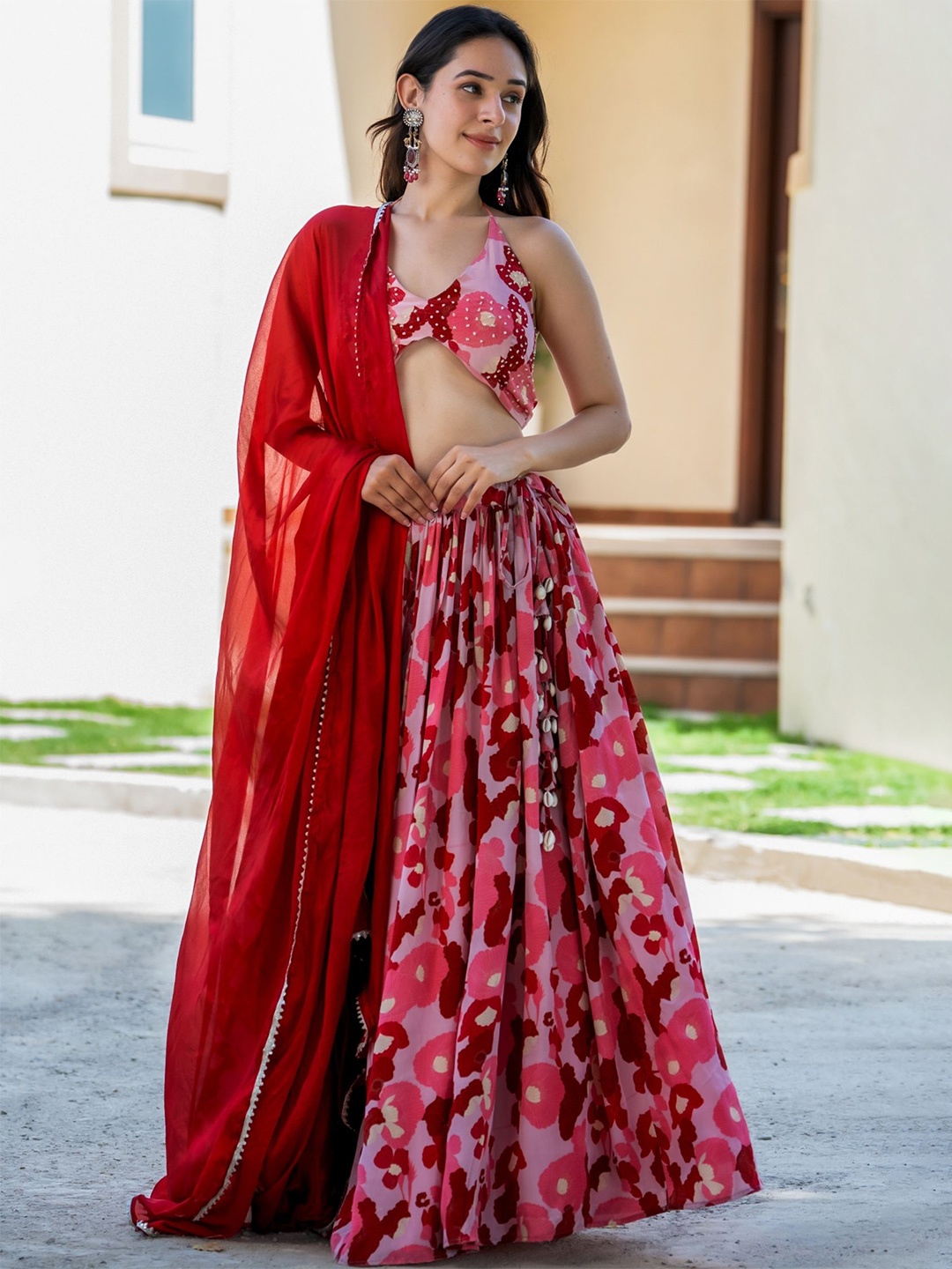 

HOUSE OF JAMOTI Floral Printed Ready to Wear Lehenga & Blouse With Dupatta, Red