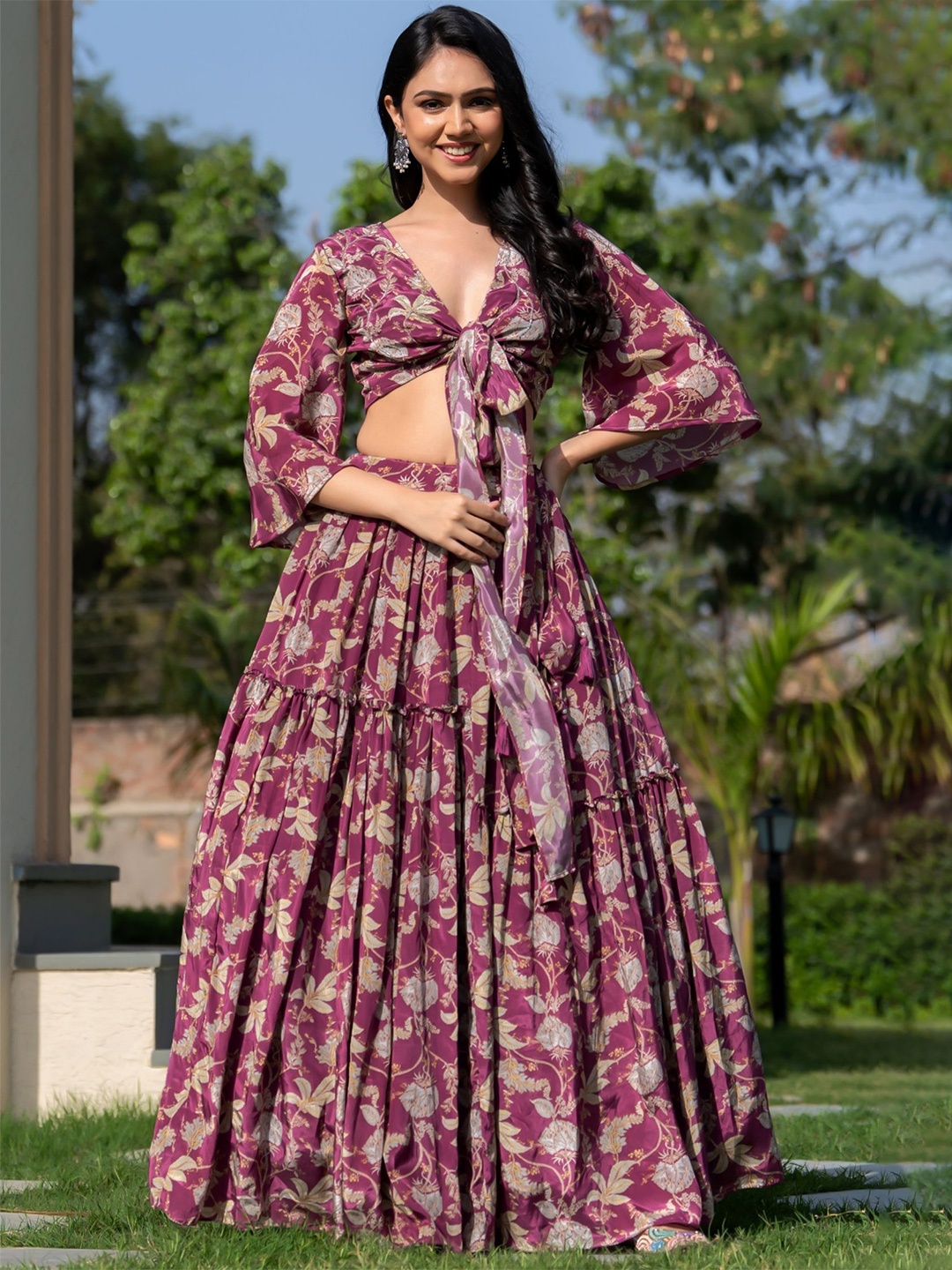 

HOUSE OF JAMOTI Floral Printed Ready to Wear Lehenga With Choli, Burgundy