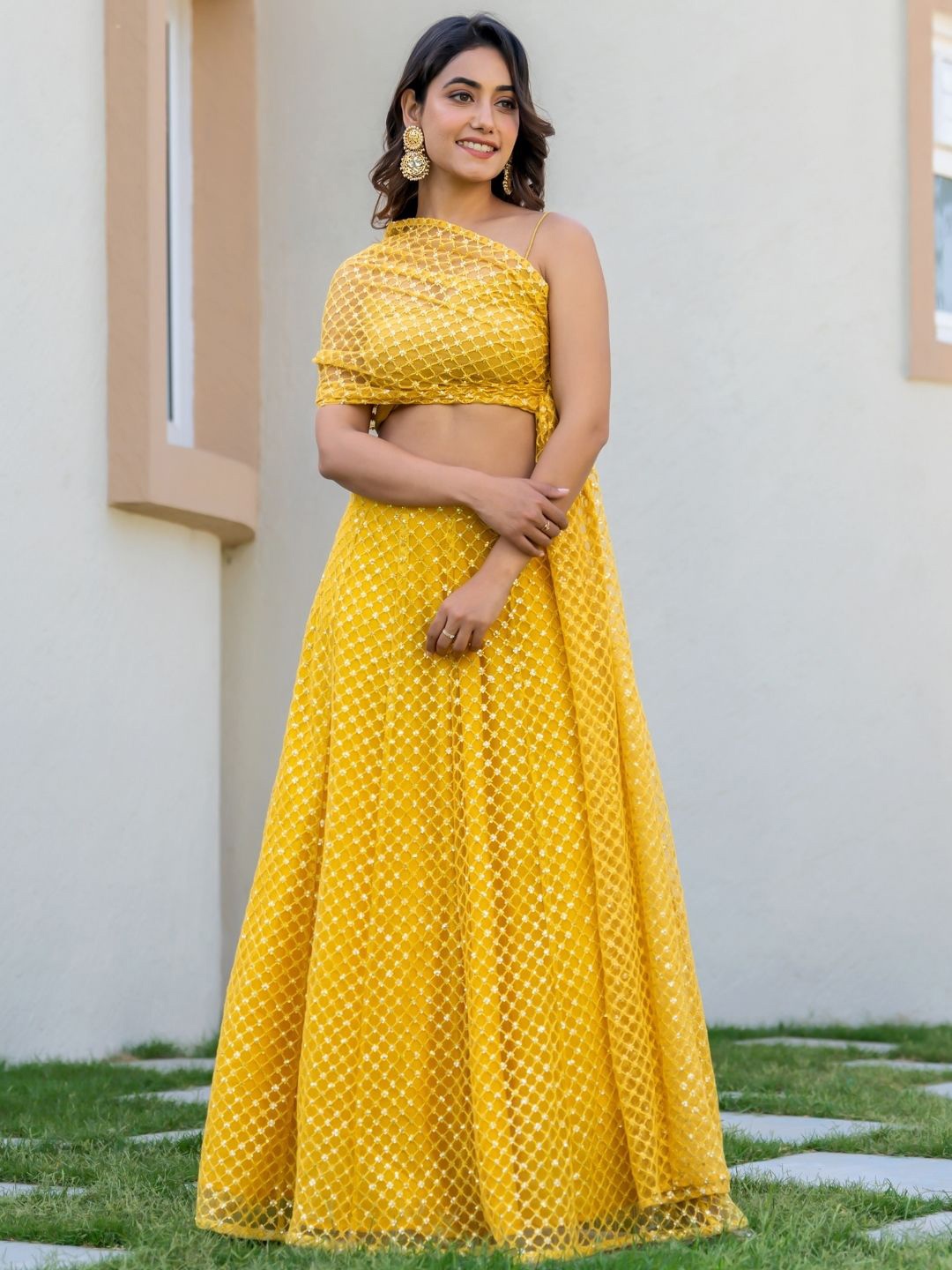 

HOUSE OF JAMOTI Ethnic Motifs Embroidered Sequined Ready to Wear Lehenga With Choli, Yellow