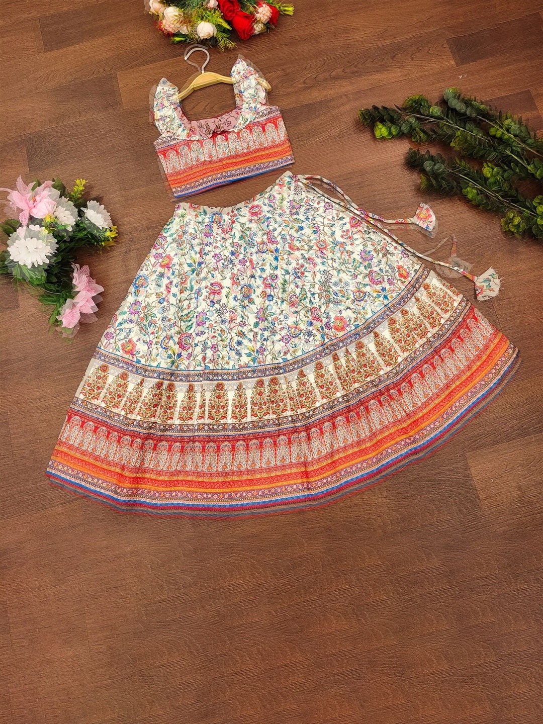 

BAESD Girls Foil Printed Ready to Wear Lehenga & Blouse With Dupatta, White