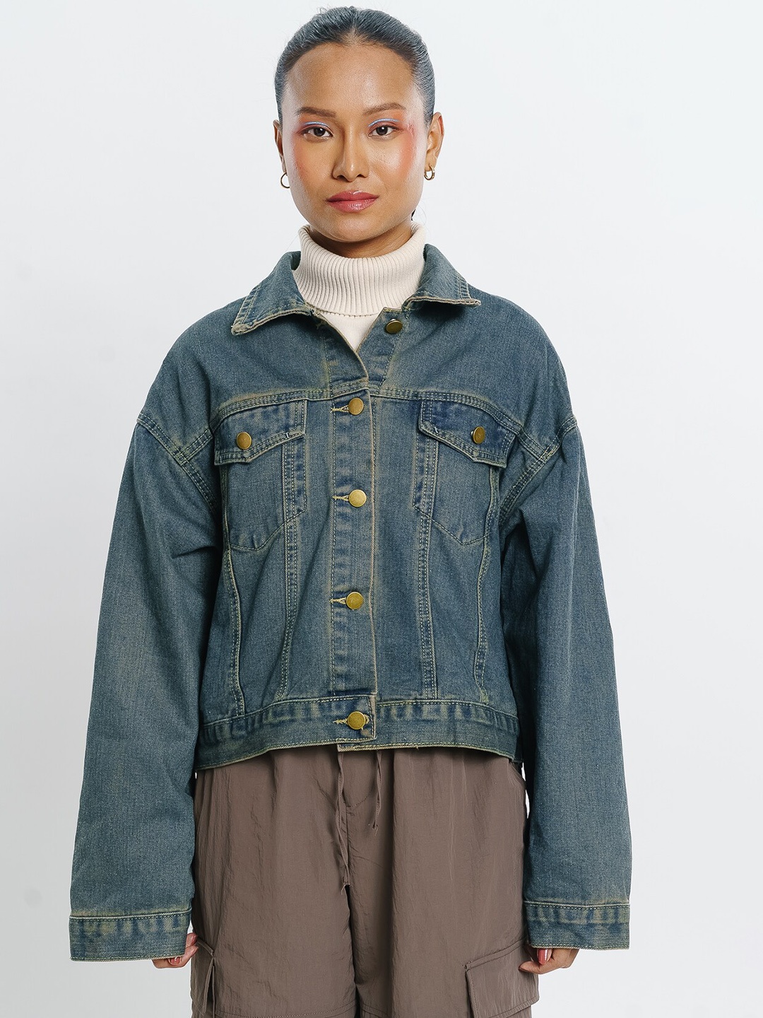 

FREAKINS Vintage Flared Pure Cotton Denim Jacket, Blue