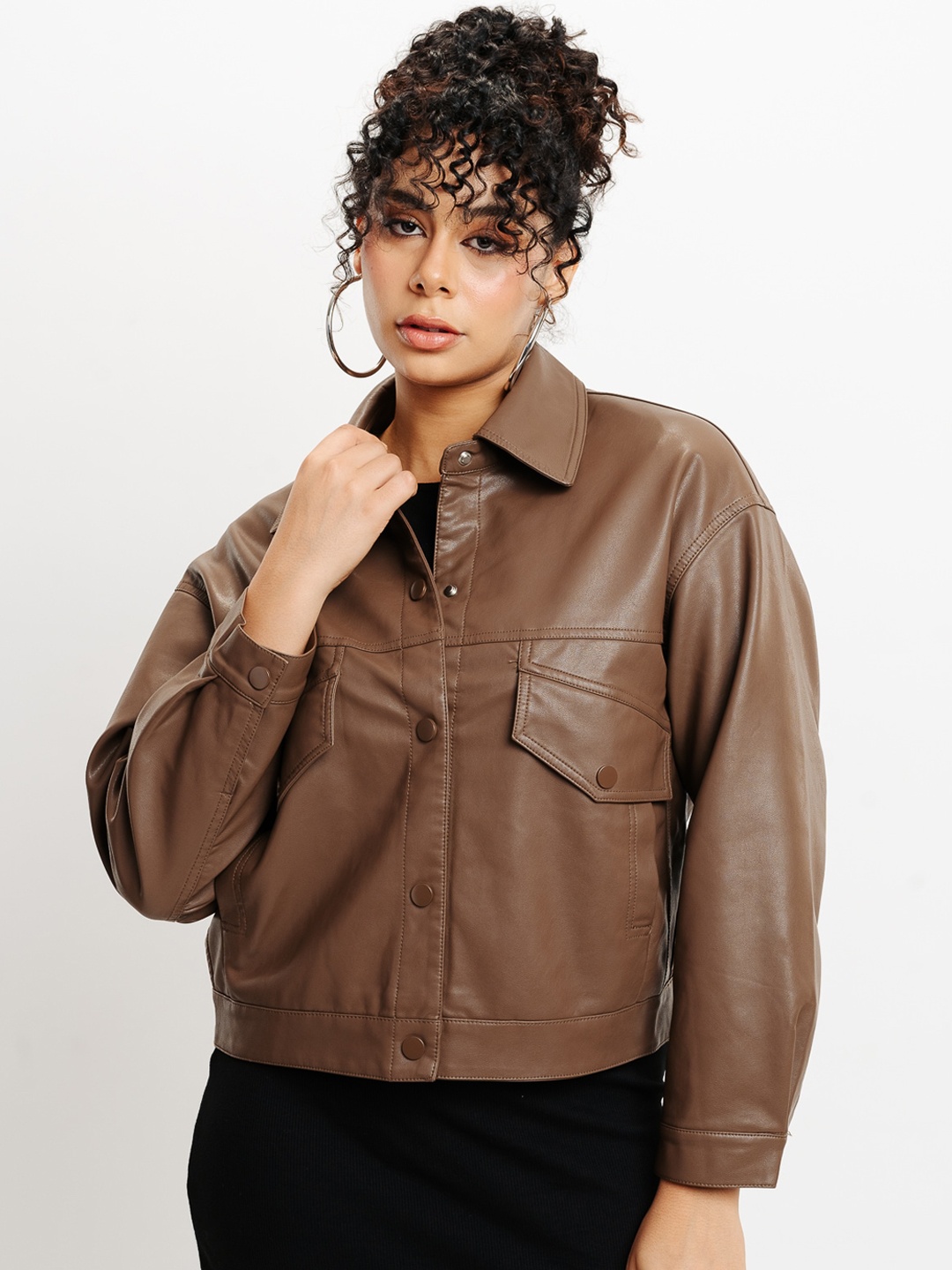 

FREAKINS Solid Boxy Leather Jacket, Brown