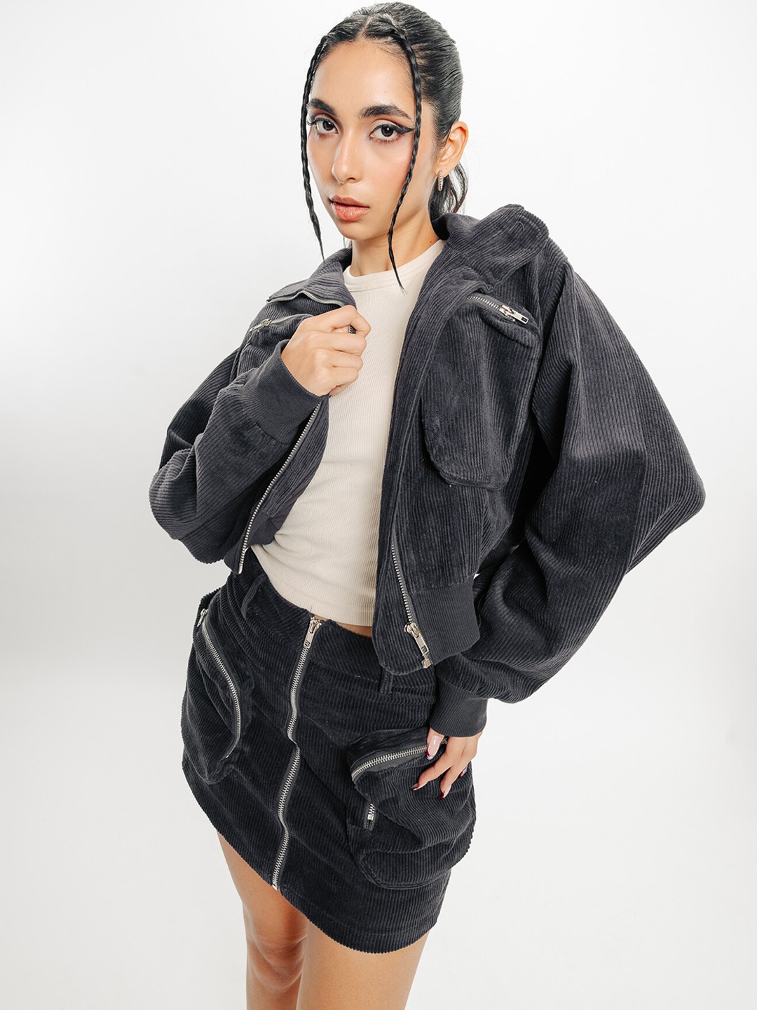 

FREAKINS Black Striped Spread Collar Corduroy Crop Bomber Jacket