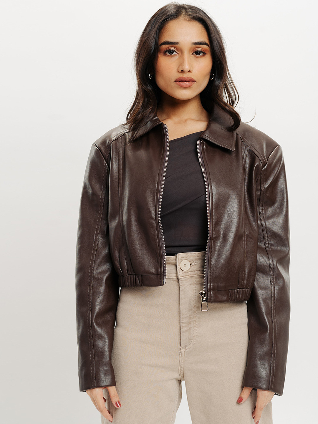 

FREAKINS Leather Crop Biker Jacket, Brown