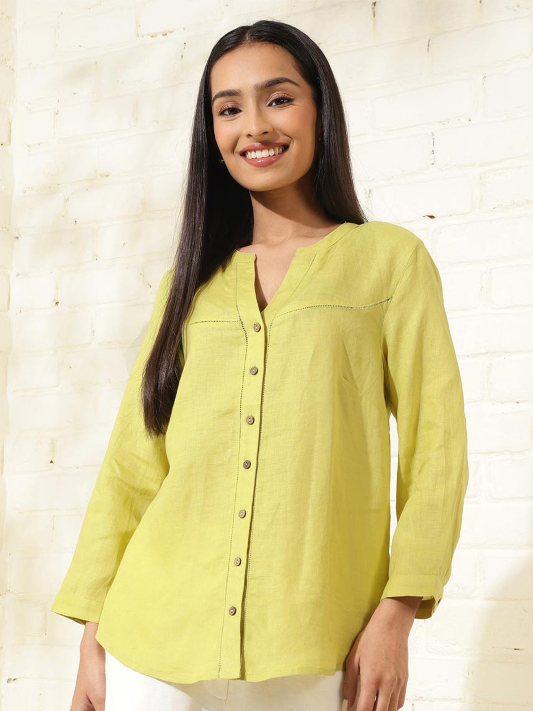 

Fabindia Mandarin Collar Linen Shirt Style Top, Green