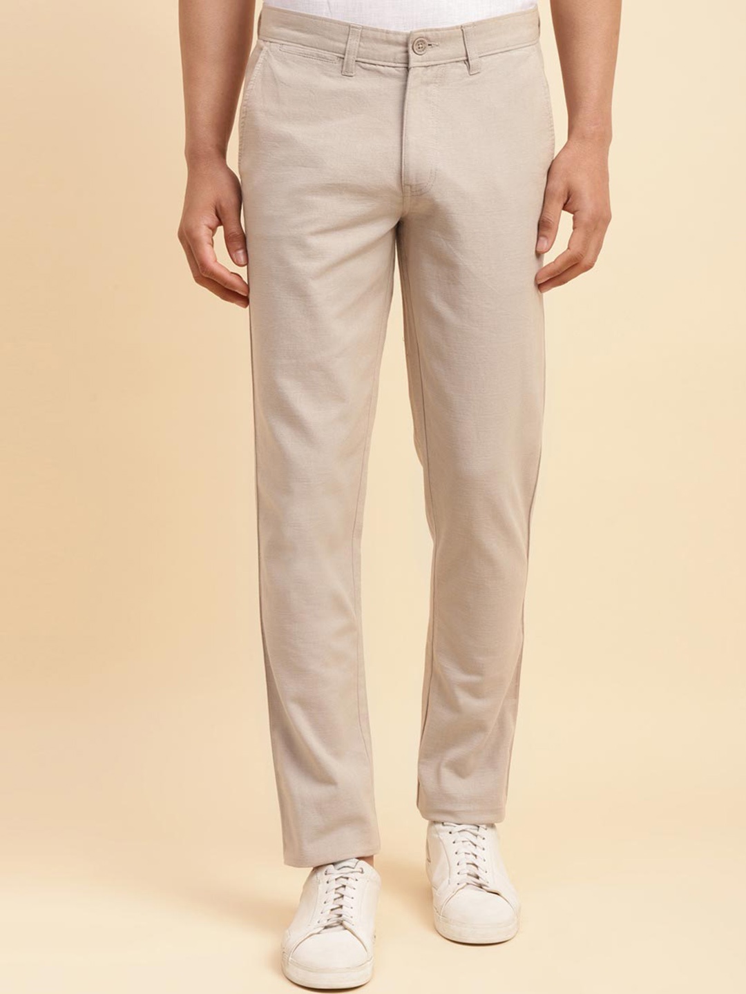 

Fabindia Men Cotton Comfort Slim Fit Regular Trousers, Beige