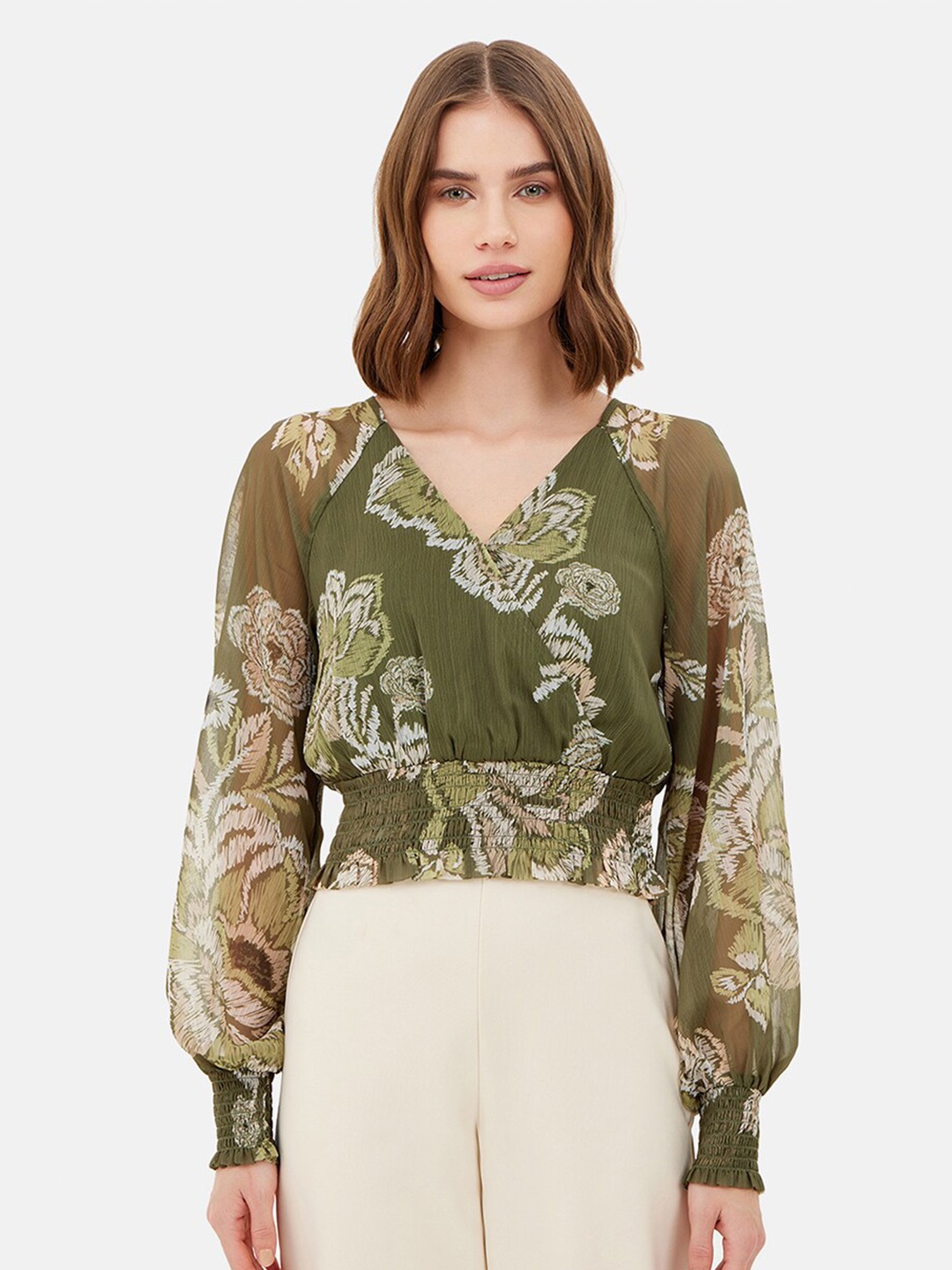 

Kazo Floral Printed Puff Sleeve Crop Blouson Top, Green