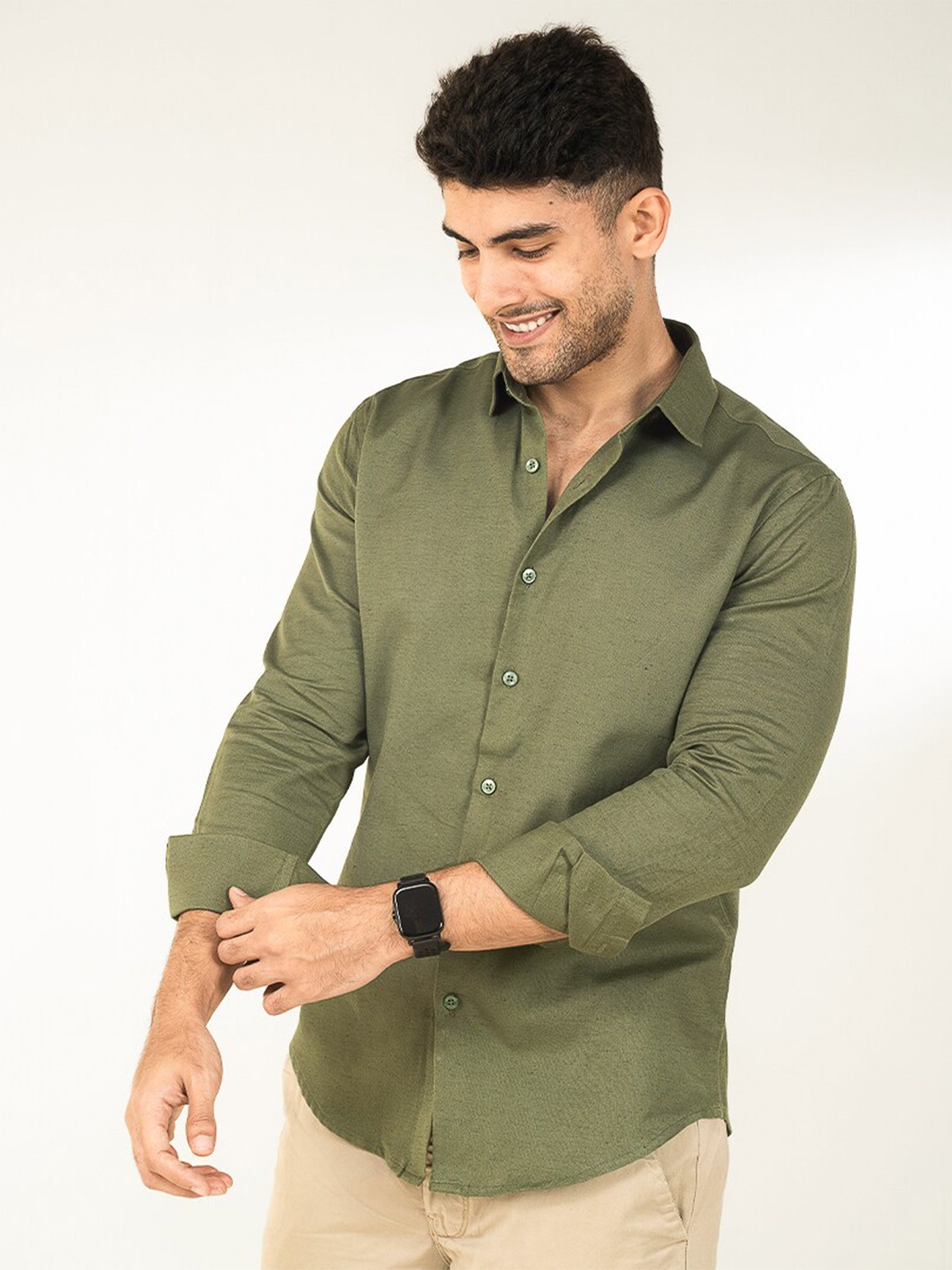 

The Bleu Label Spread Collar Full Sleeves Slim Fit Casual Shirt, Olive