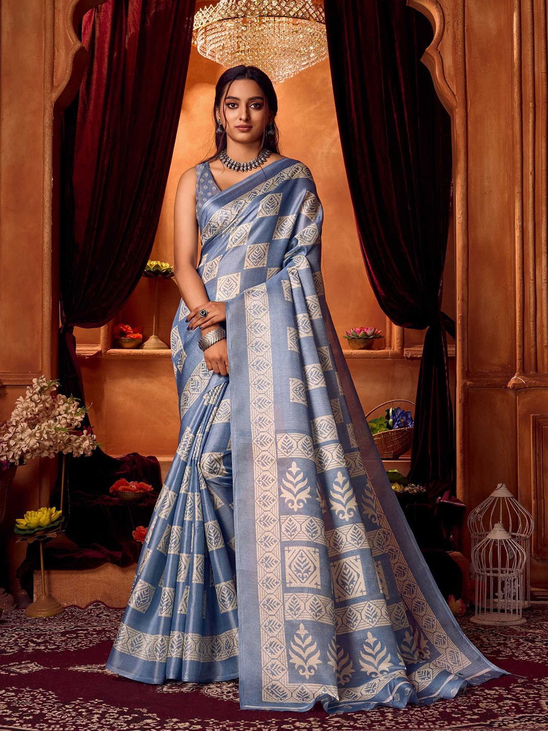

KALINI Ethnic Motifs Silk Cotton Khadi Saree, Blue