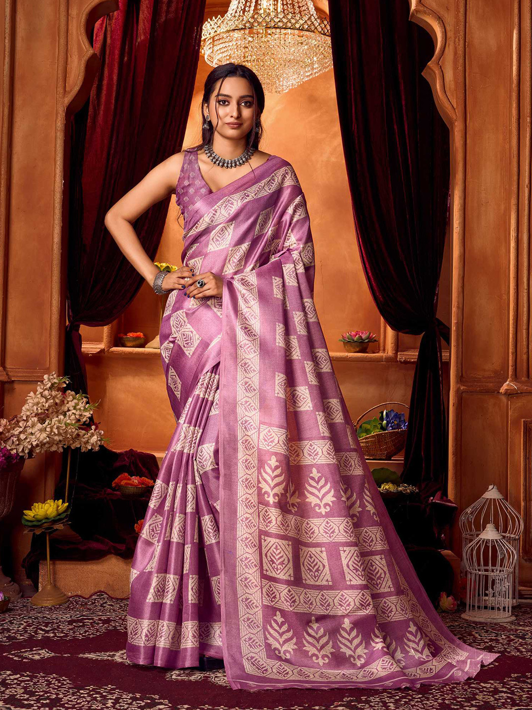 

KALINI Ethnic Motifs Printed Khadi Saree, Purple