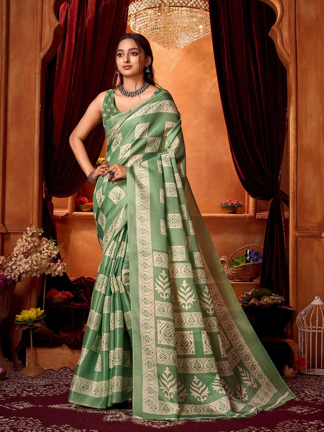 

KALINI Ethnic Motifs Printed Khadi Saree, Green