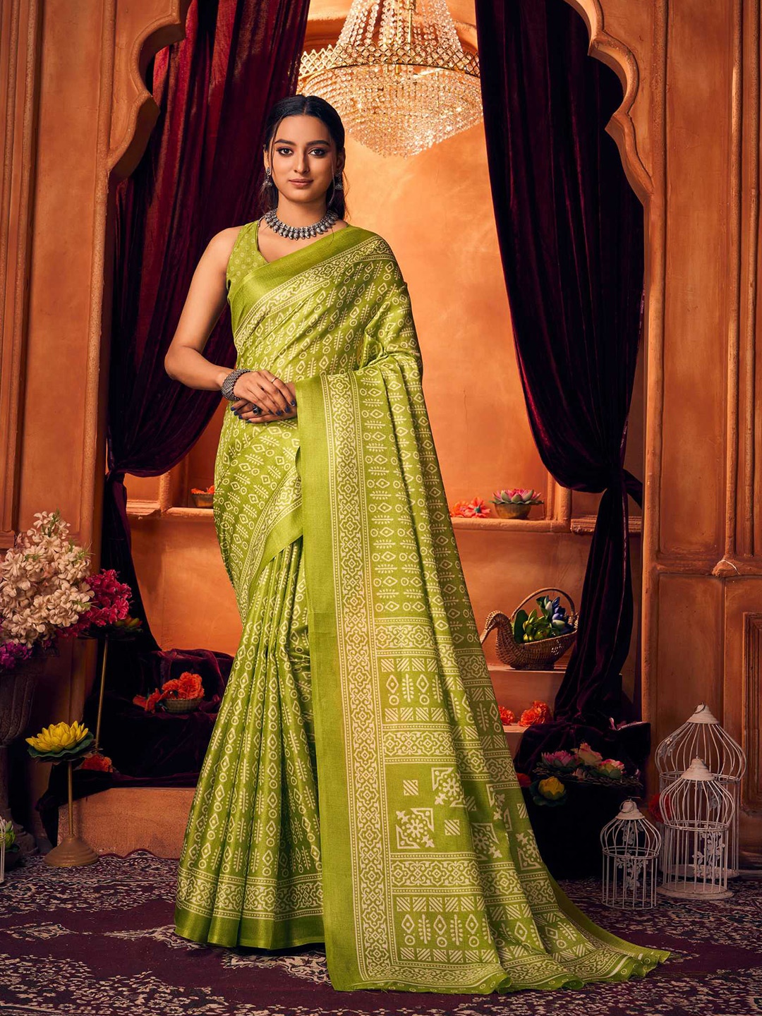 

KALINI Ethnic Motifs Printed Khadi Saree, Green