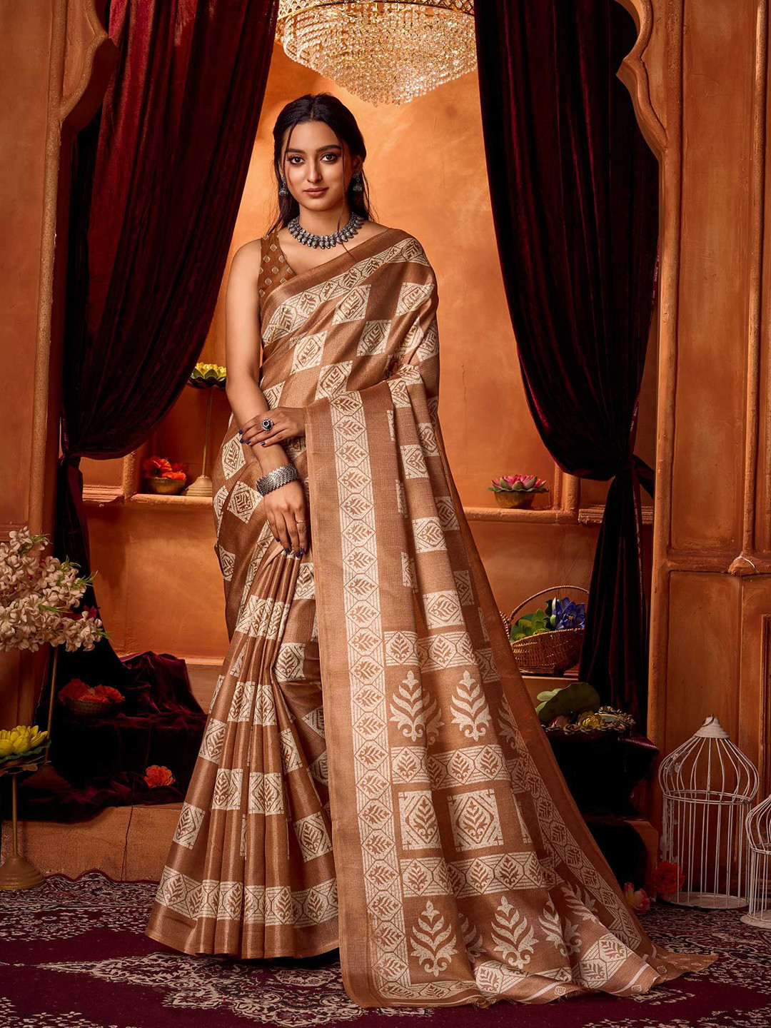 

KALINI Ethnic Motifs Silk Cotton Khadi Saree, Beige