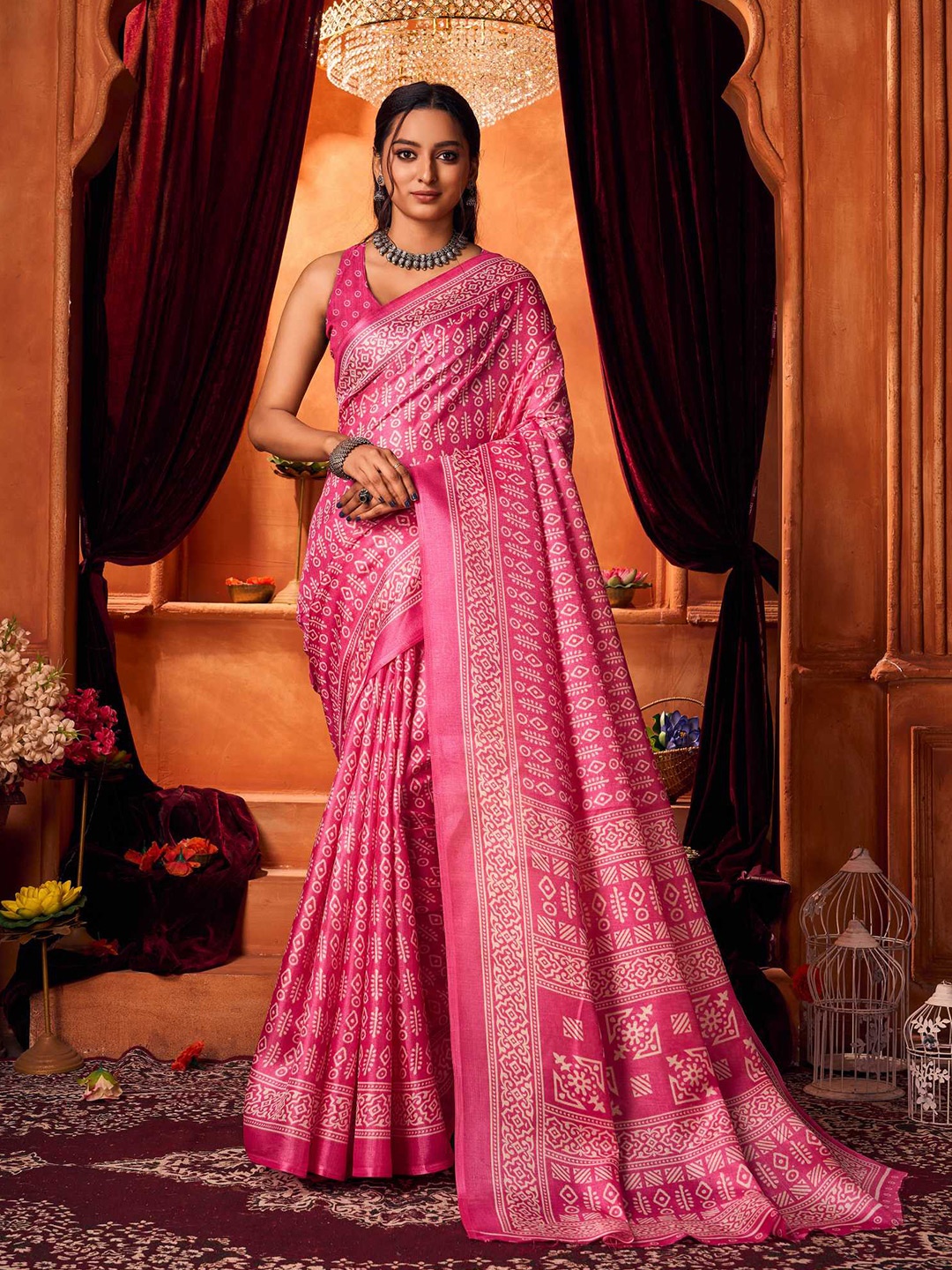 

KALINI Ethnic Motifs Printed Khadi Saree, Pink