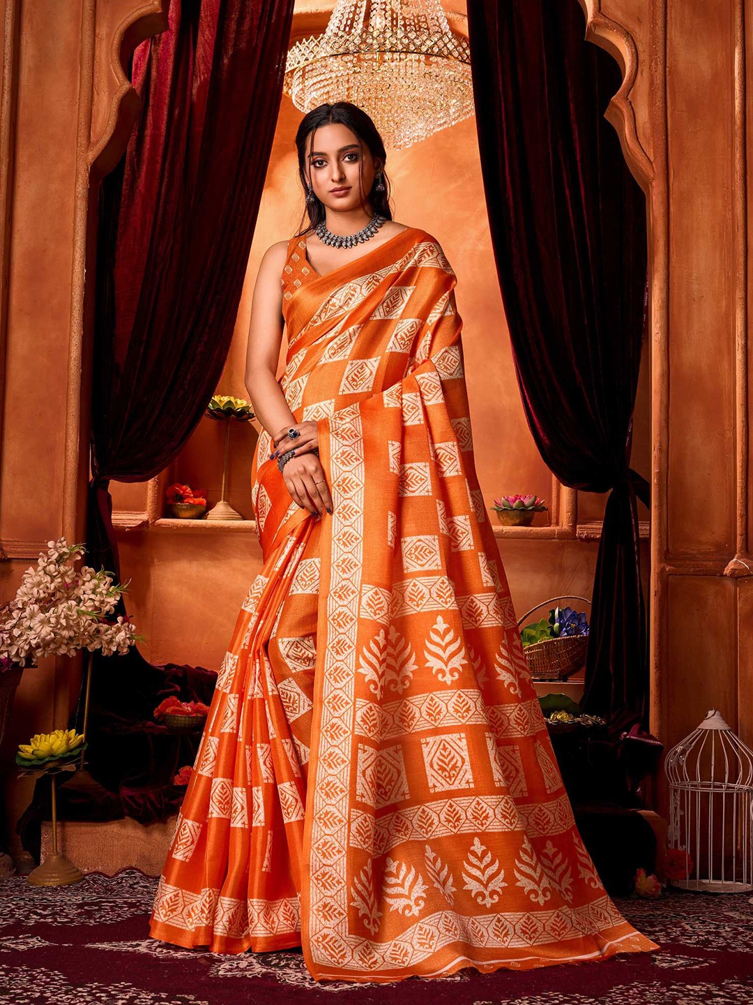 

KALINI Ethnic Motifs Silk Cotton Khadi Saree, Orange