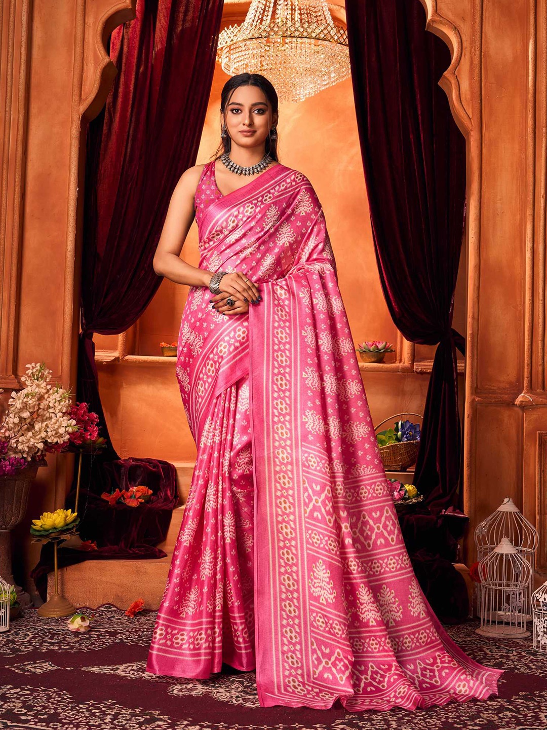 

KALINI Ethnic Motifs Printed Khadi Saree, Pink