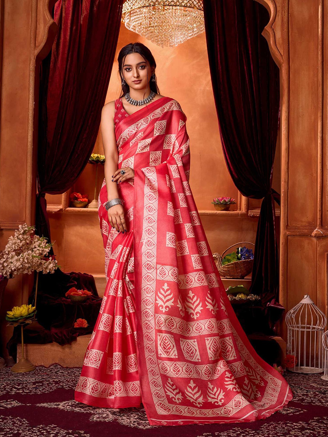 

KALINI Ethnic Motifs Silk Printed Khadi Saree, Red