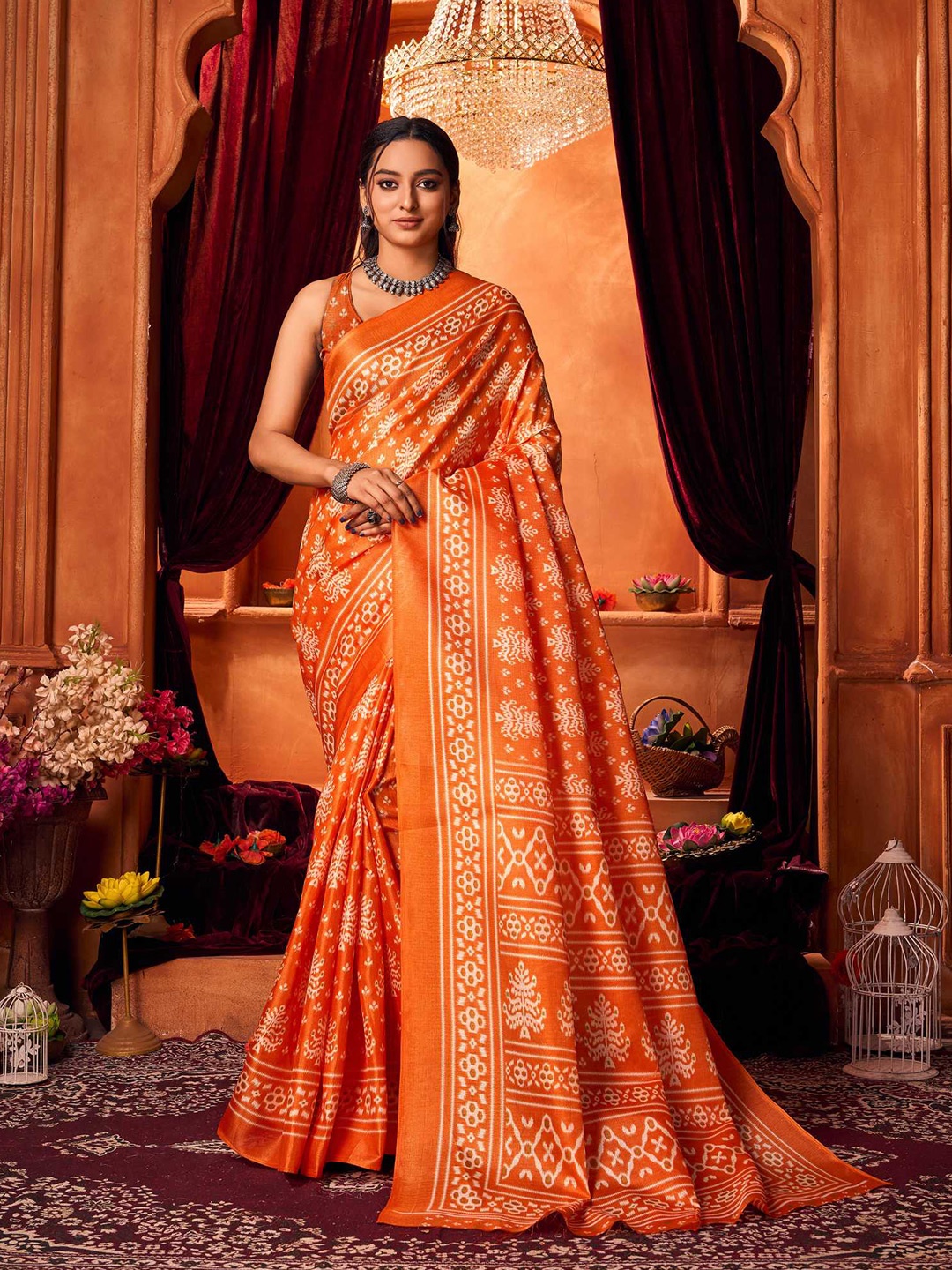 

KALINI Ethnic Motifs Printed Khadi Saree, Orange