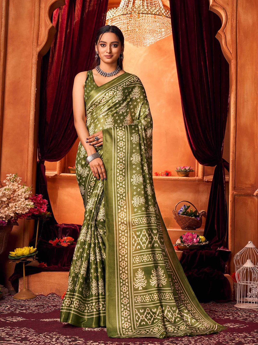 

KALINI Ethnic Motifs Silk Cotton Khadi Saree, Green