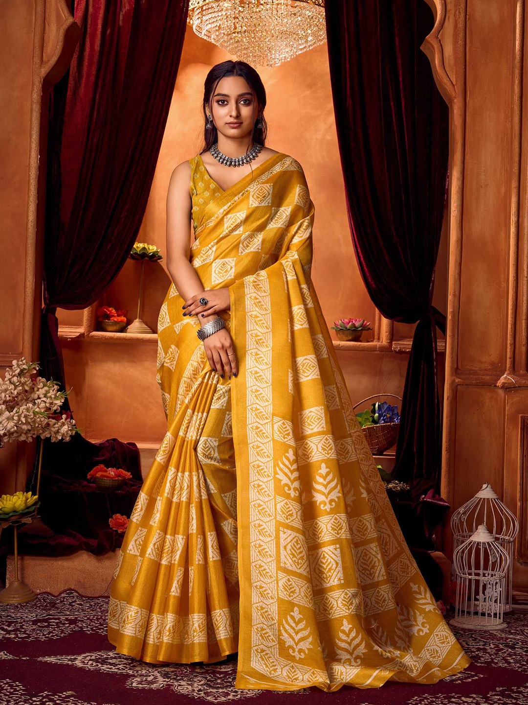 

KALINI Ethnic Motifs Printed Silk Cotton Khadi Saree, Yellow