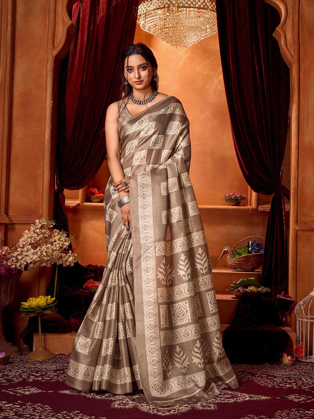 

KALINI Ethnic Motifs Printed Khadi Saree, Brown