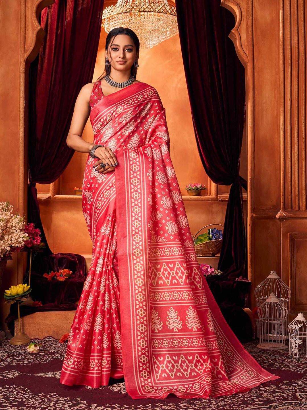 

KALINI Ethnic Motifs Silk Cotton Khadi Saree, Red