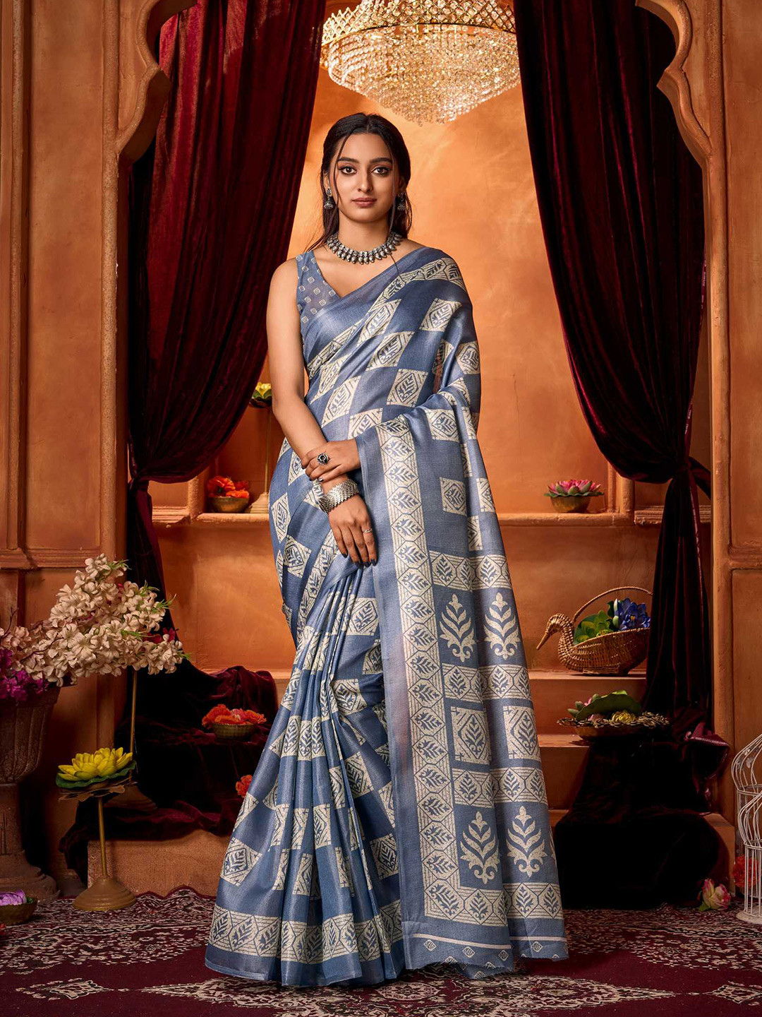 

KALINI Ethnic Motifs Silk Cotton Khadi Saree, Blue