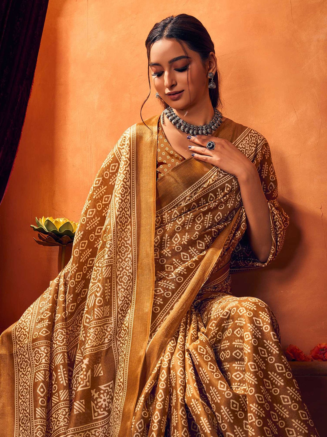 

KALINI Ethnic Motifs Printed Khadi Saree, Beige