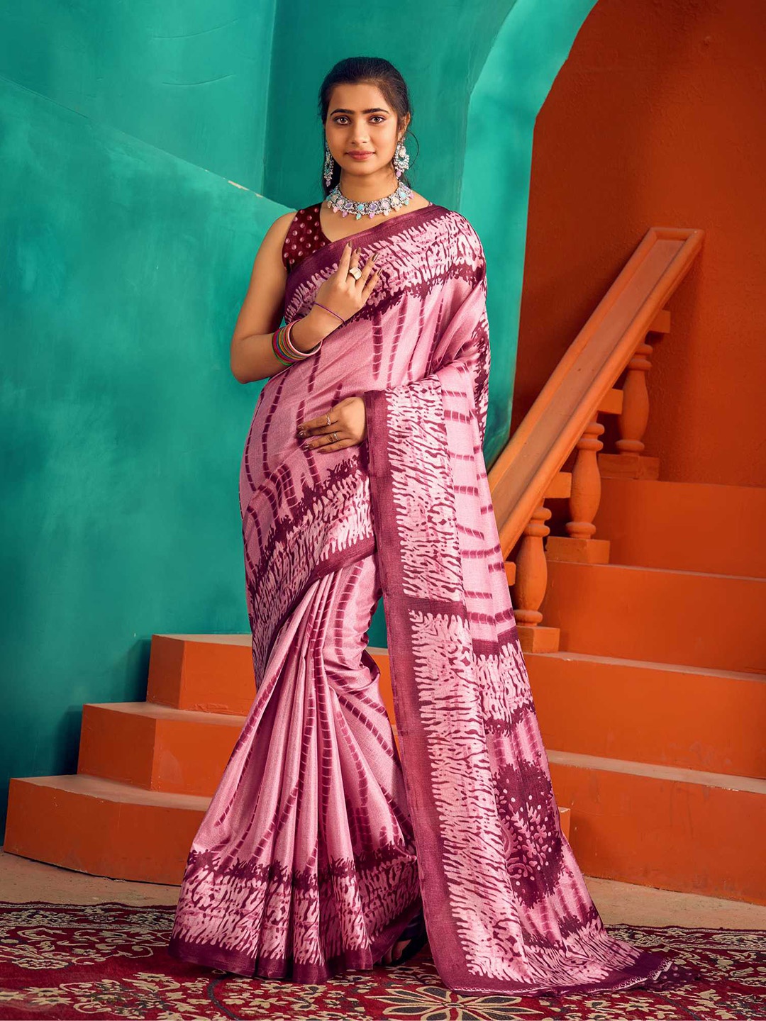 

KALINI Ethnic Motifs Printed Khadi Saree, Pink
