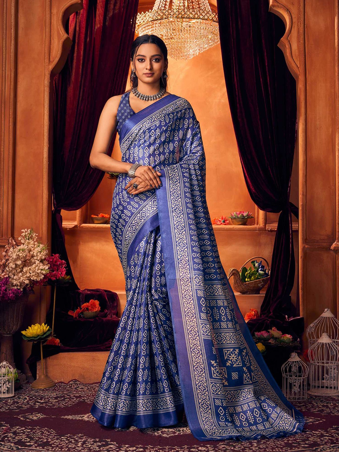 

KALINI Ethnic Motifs Printed Khadi Saree, Blue