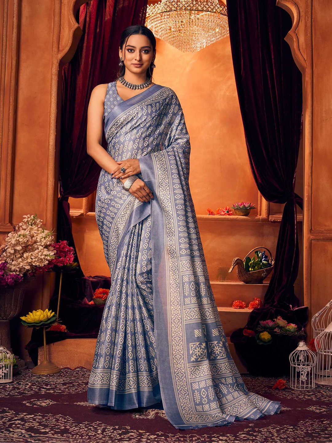 

KALINI Ethnic Motifs Printed Khadi Saree, Blue