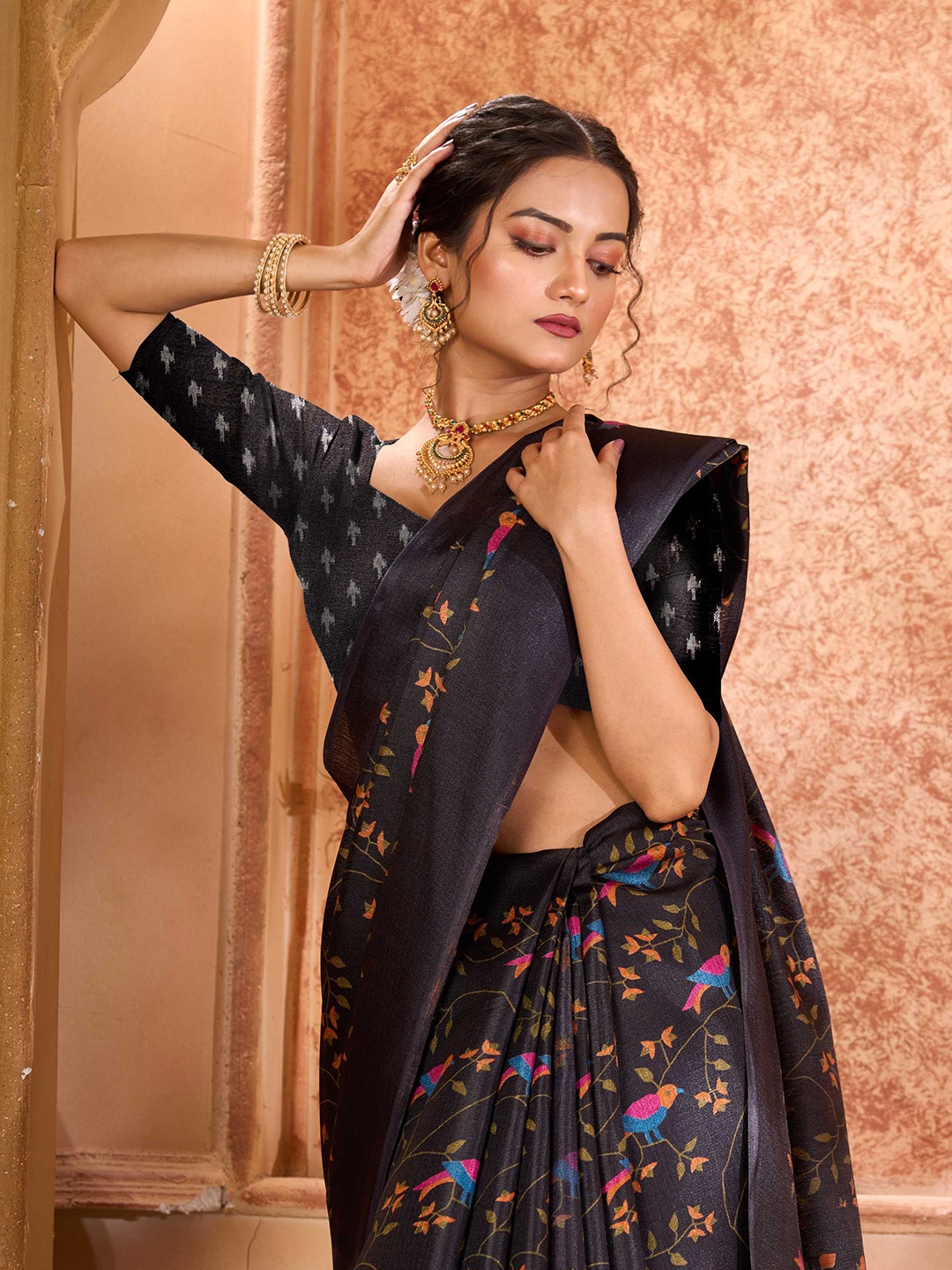 

KALINI Ethnic Motifs Printed Khadi Saree, Black