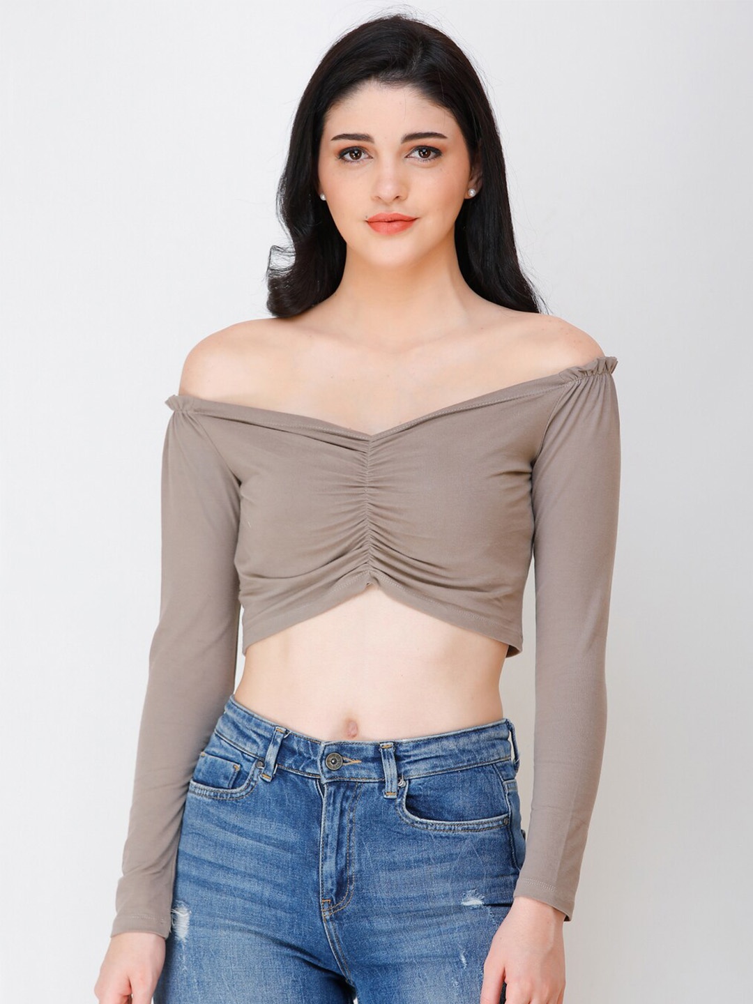 

SCORPIUS Off-Shoulder Bardot Crop Top, Beige