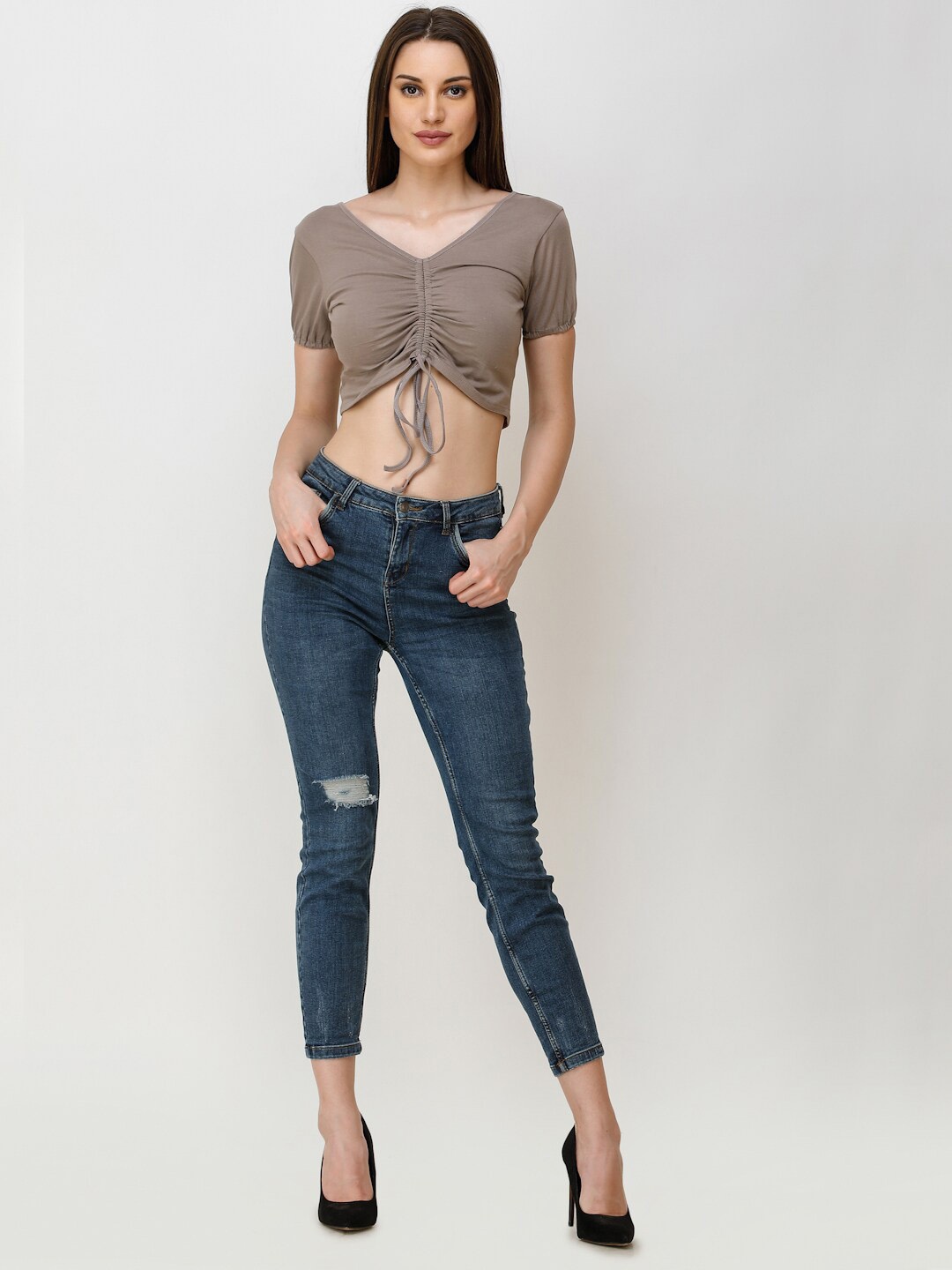 

SCORPIUS Ruched Crop Fitted Top, Beige
