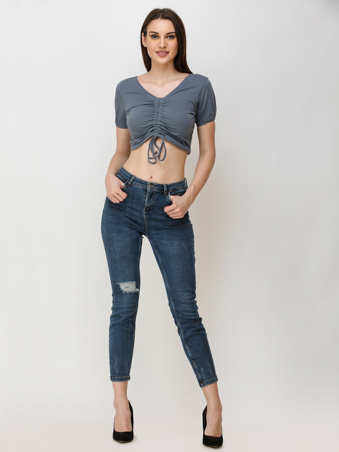 

SCORPIUS Ruched Fitted Crop Top, Grey