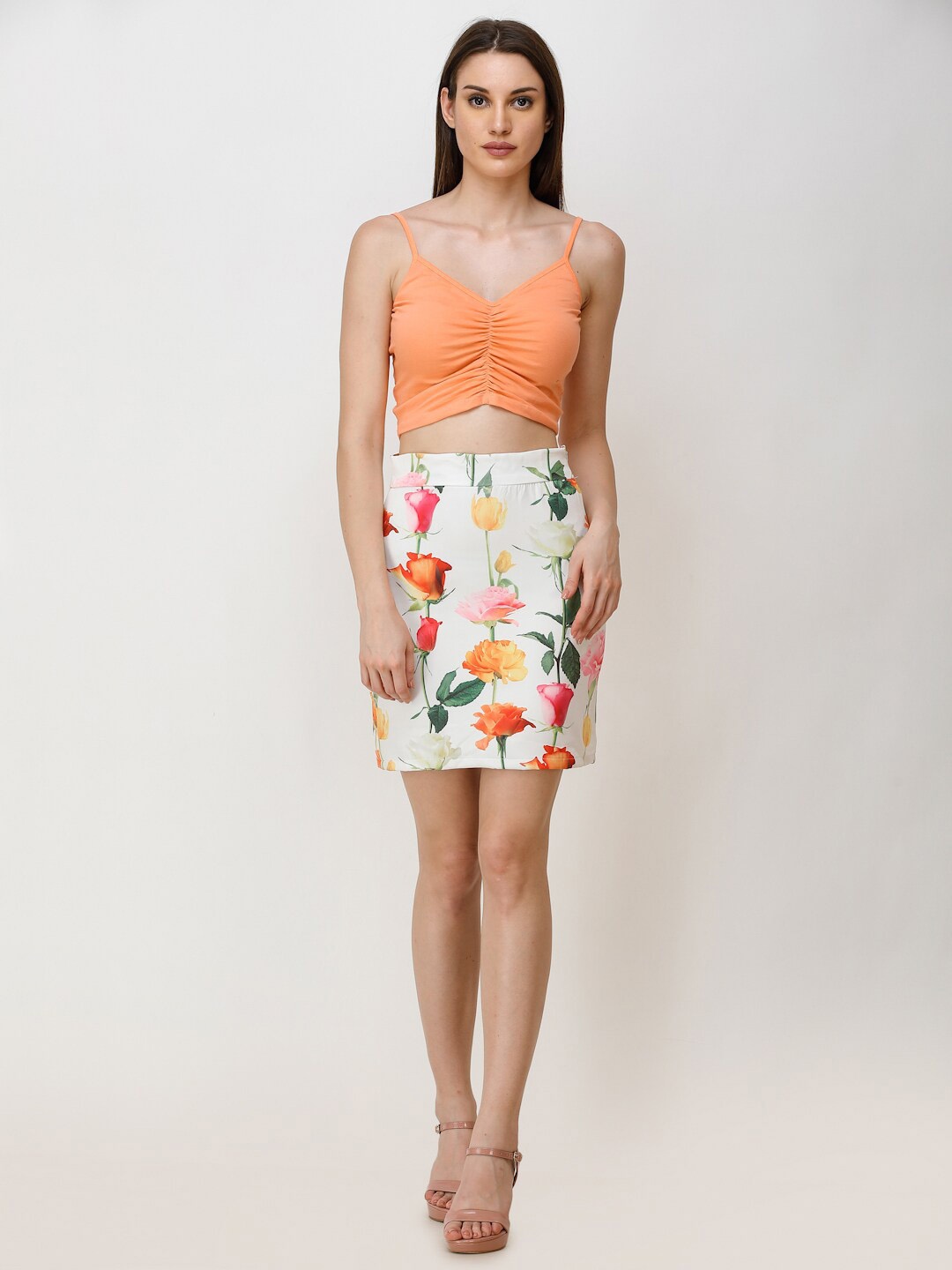 

SCORPIUS Ruched Shoulder Straps Crop Top, Orange