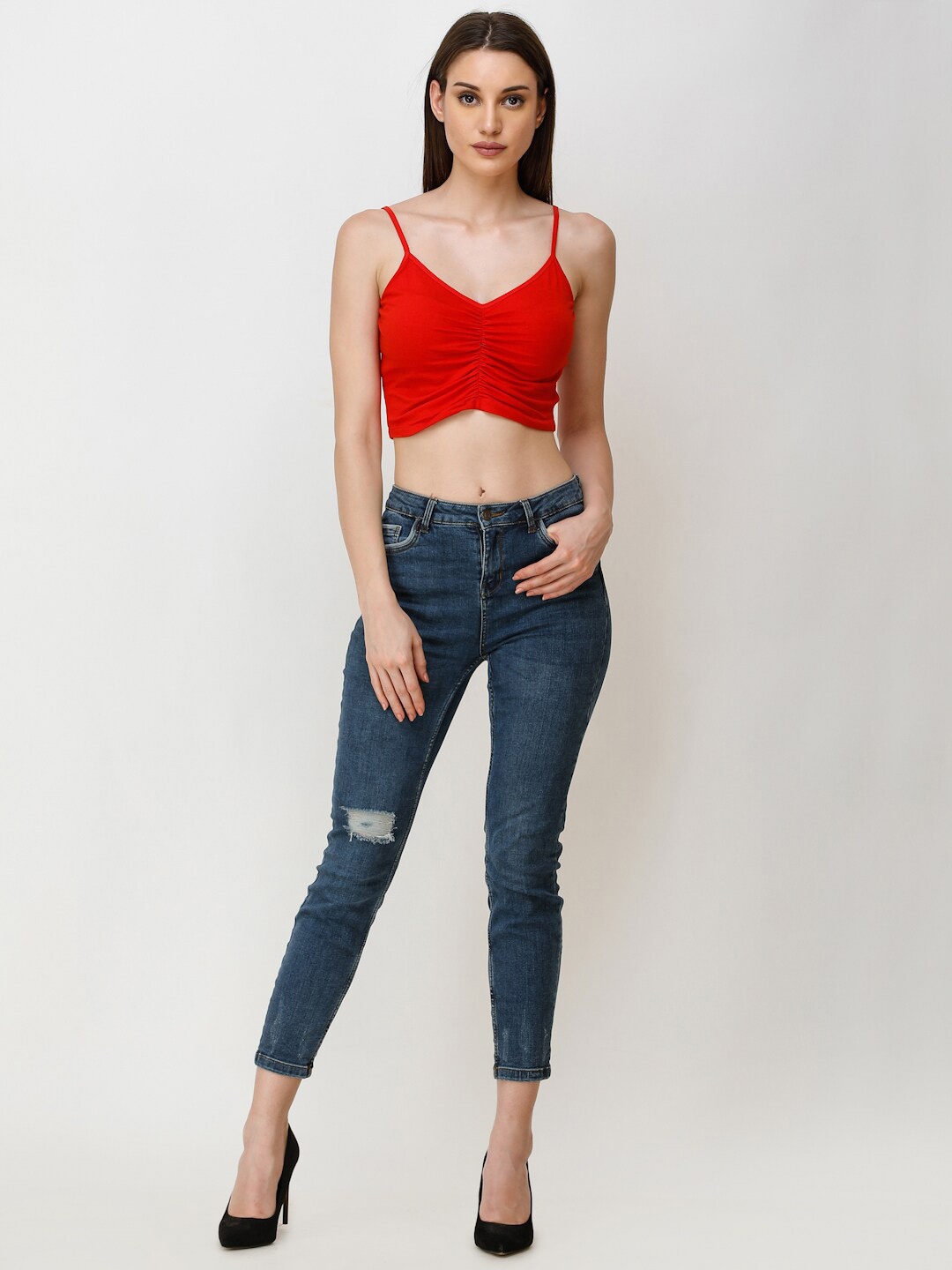 

SCORPIUS Shoulder Strap Ruched Fitted Crop Top, Red