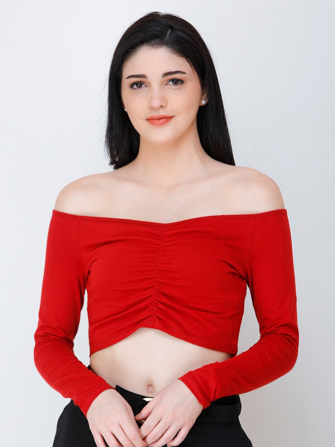 SCORPIUS Off-Shoulder Bardot Crop Top, Maroon