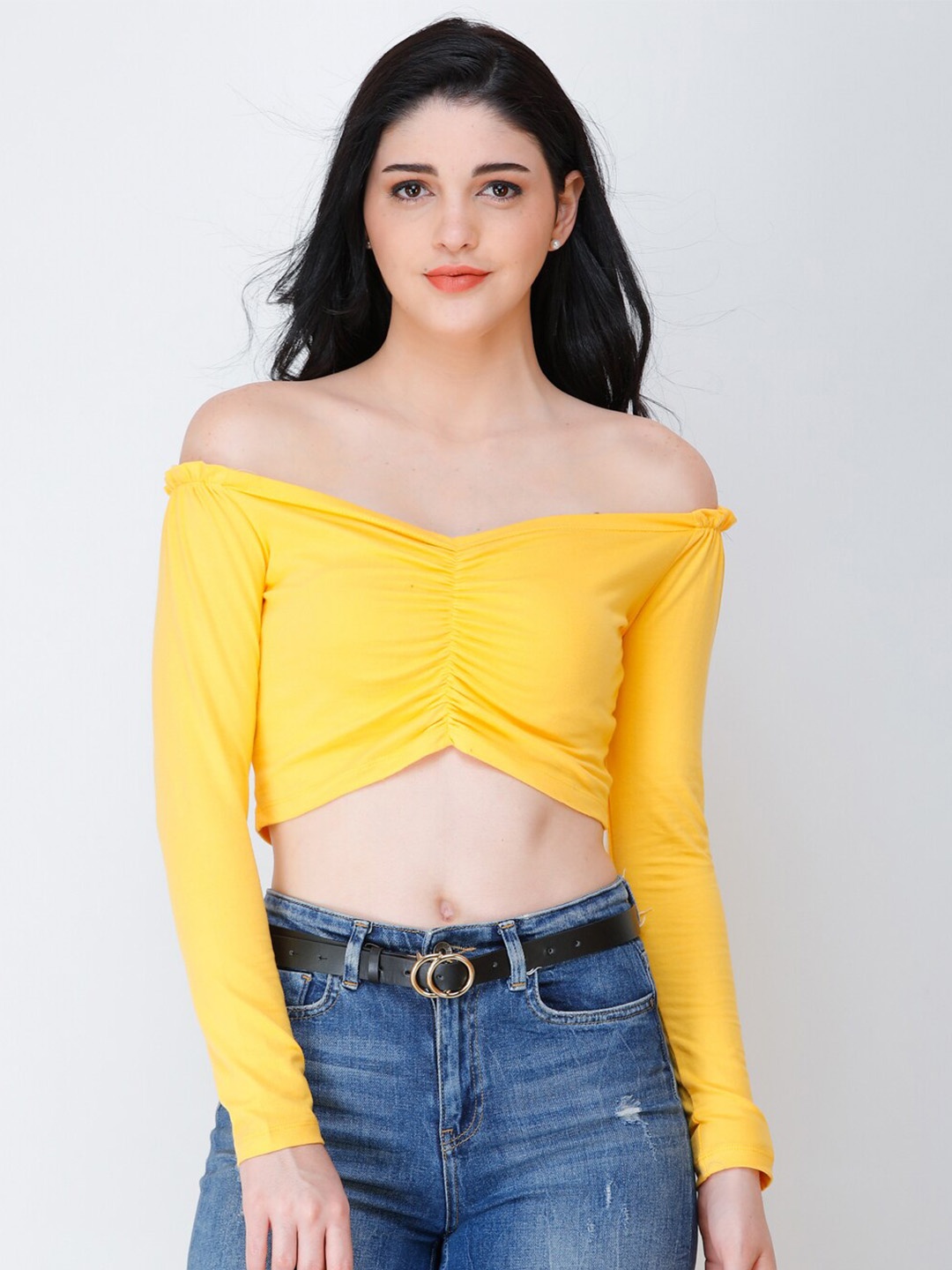 

SCORPIUS Off-Shoulder Bardot Crop Top, Yellow