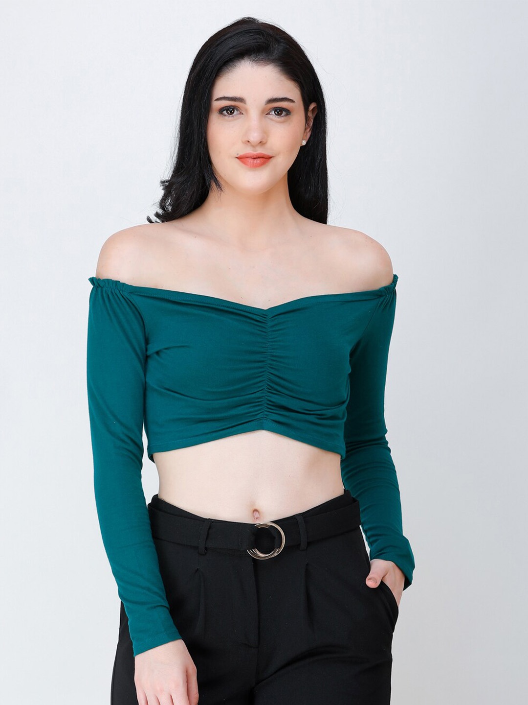SCORPIUS Off-Shoulder Fitted Crop Top, Teal