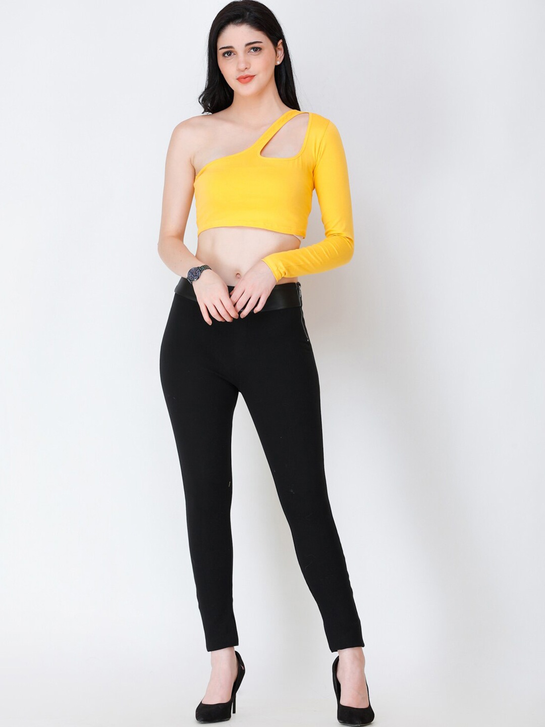 

SCORPIUS One Shoulder Fitted Crop Top, Yellow
